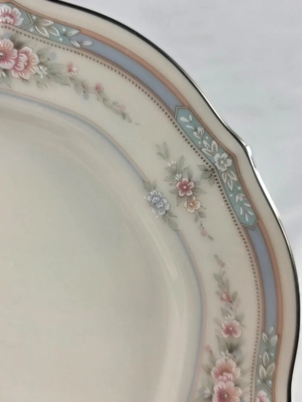 TWO Noritake Rothschild Bread Plates Ivory Blue Band with Pink Flowers